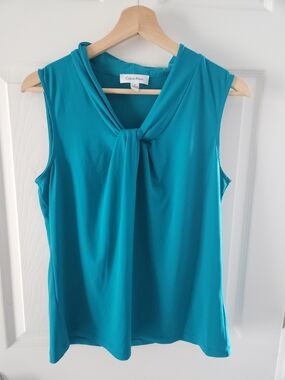 Calvin Klein Teal Sleeveless Tie-Neck Top